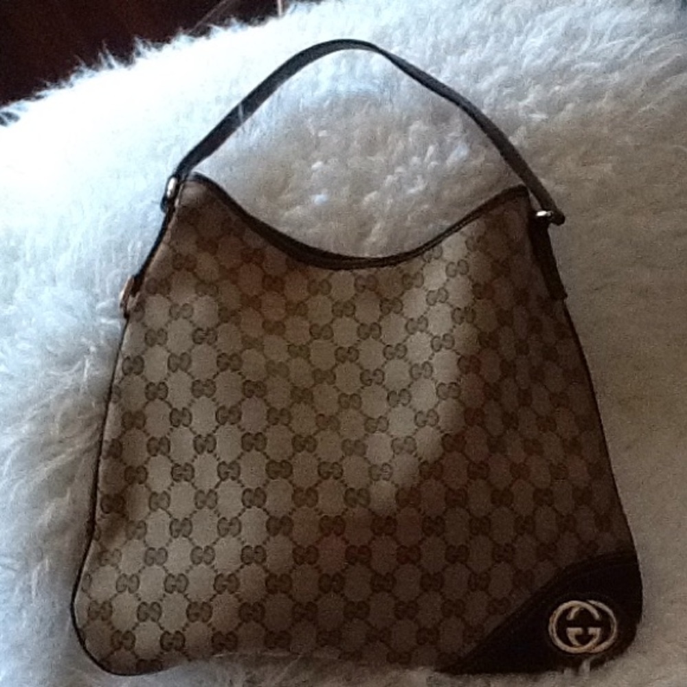 Authentic Gucci Beige/Brown GG BRITT Medium Hobo